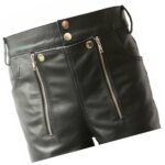 Men's Double Zipper Snap Button Front Real Sheepskin Black Leather Shorts