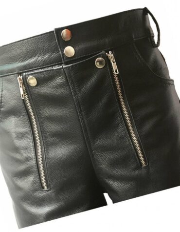 Men Double Zipper Snap Button Front Real Sheepskin Black Leather Shorts
