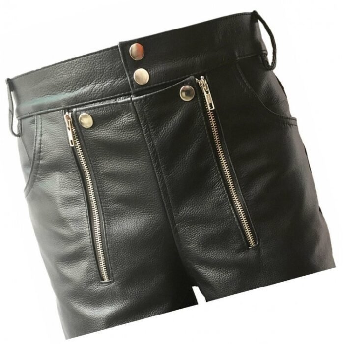 Men Double Zipper Snap Button Front Real Sheepskin Black Leather Shorts