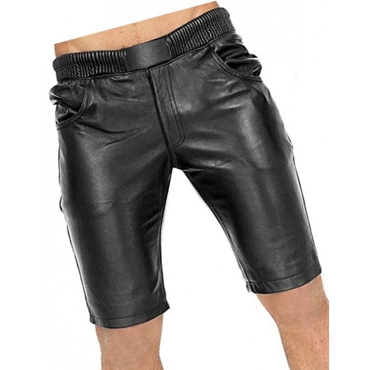 Men's Elastic Waist Joggers Real Sheepskin Black Leather Shorts | Free ...