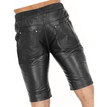 Men Elastic Waist Joggers Real Sheepskin Black Leather Shorts