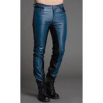 Men Fashion Contrast Color Genuine Black and Blue Leather Pants - Modern Blue Elegance