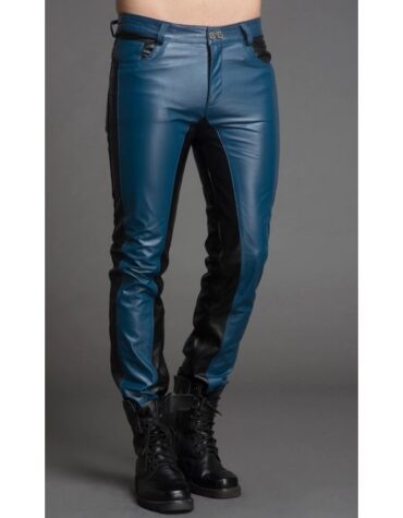 Men Fashion Contrast Color Genuine Black and Blue Leather Pants