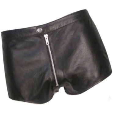 Men Front Zip Closure Real Sheepskin Black Leather Shorts