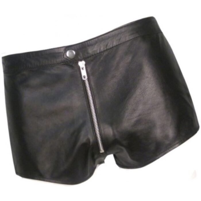 Men Front Zip Closure Real Sheepskin Black Leather Shorts