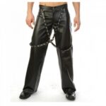 Men Gothic Black Genuine Leather Biker Suspender Buckle Bondage Pant - Dark Elegance