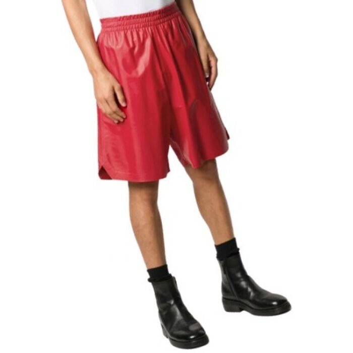Men Knee Length Elastic Waist Real Sheepskin Red Leather Shorts