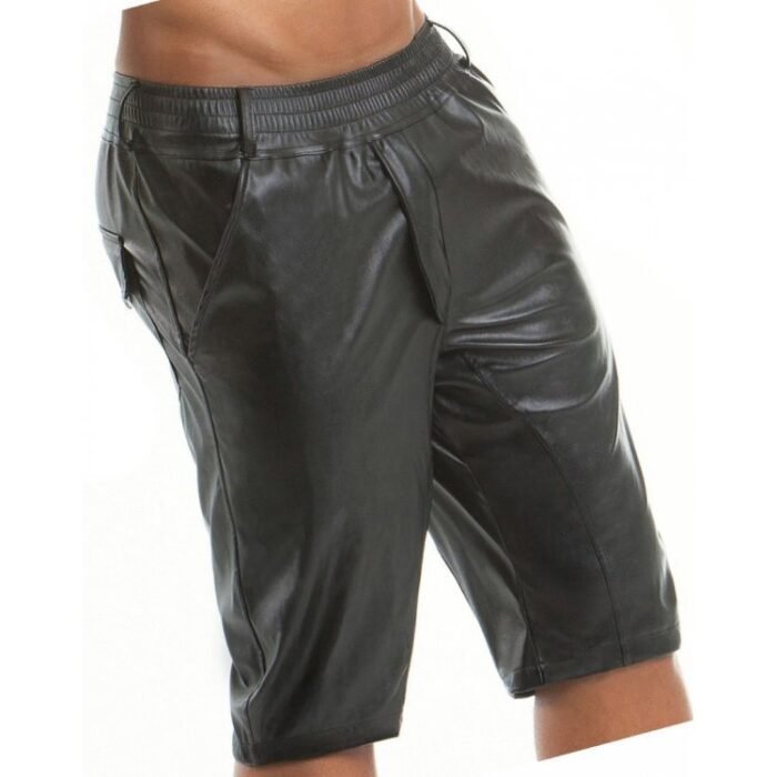 Men Military Style Real Sheepskin Black Leather Shorts