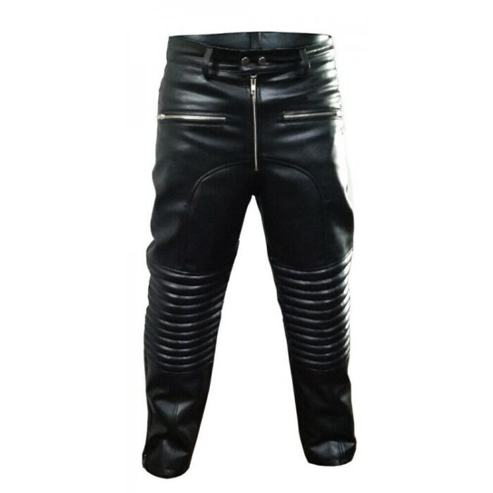 Men Motorcycle Real Black Leather Bikers Jeans Trousers Pants