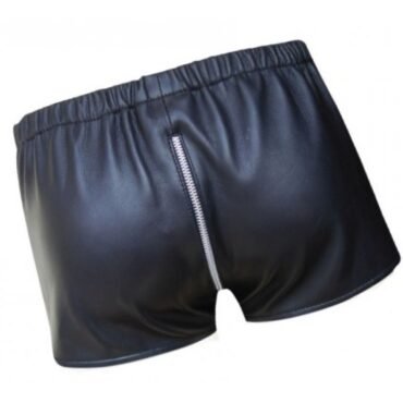 Men One Way Front To Back Zip Closure Real Sheepskin Black Leather Shorts
