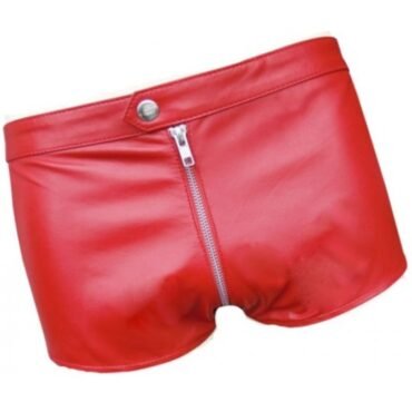 Men One Way Front To Back Zip Closure Real Sheepskin Red Leather Shorts