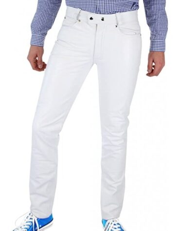 Men Tight Tube White Leather Trouser Jeans Pants