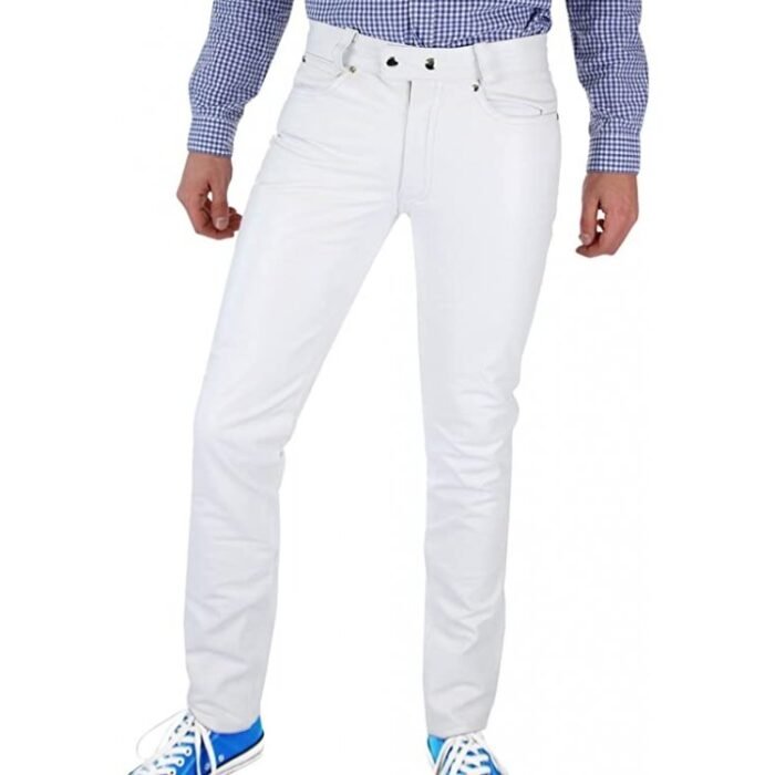 Men Tight Tube White Leather Trouser Jeans Pants
