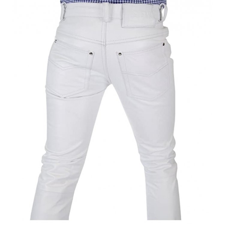 Modern Minimalism: Men Tight Tube White Leather Trouser Jeans
