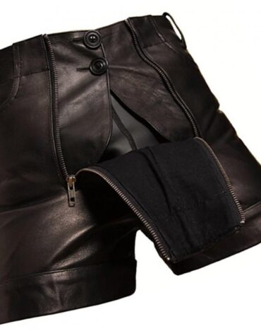 Men Unique Fashion Real Sheepskin Black Leather Shorts