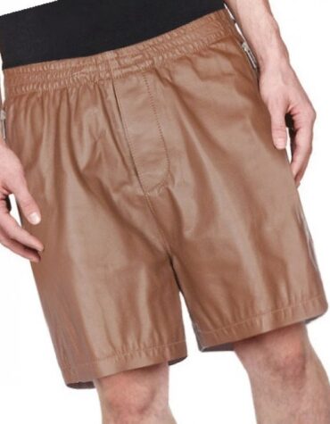 Men Zipper Pockets Real Sheepskin Brown Leather Shorts