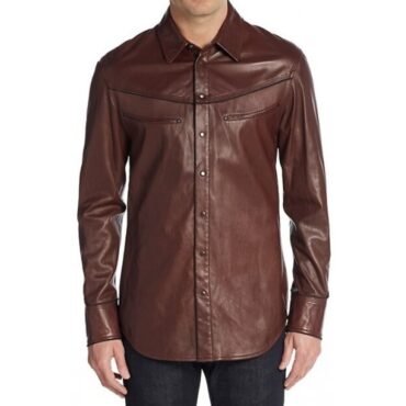 Mens Bold Fashion Real Sheepskin Brown Leather Shirt