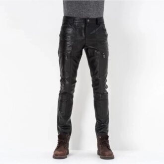 Mens Business Casual Slim Fit Genuine Black Leather Pants