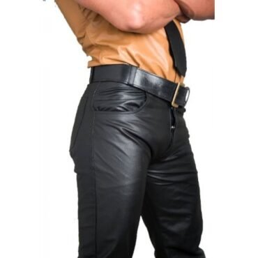 Mens Button Fly Classic Jeans Style Black Leather Pants