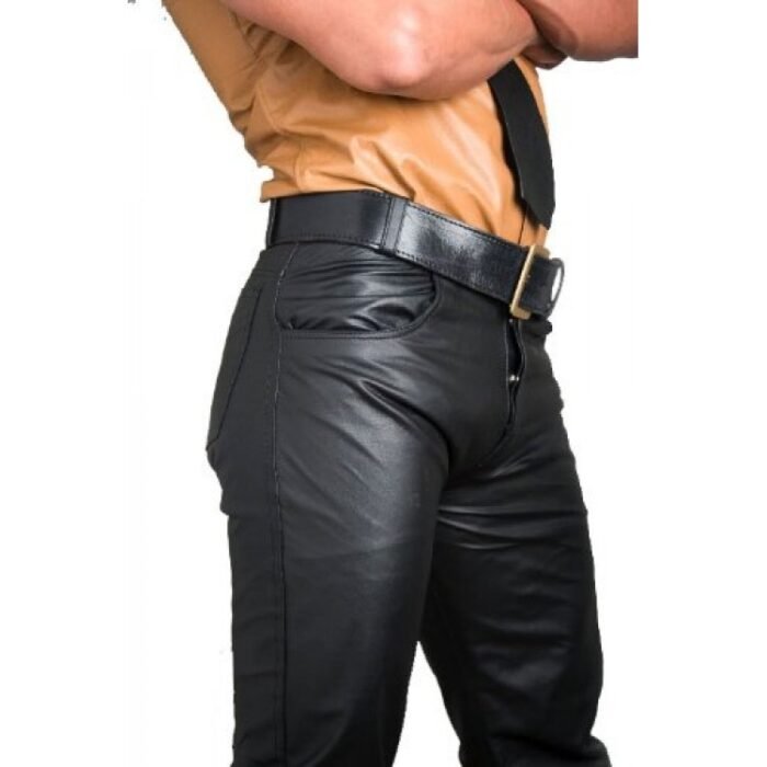 Mens Button Fly Classic Jeans Style Black Leather Pants