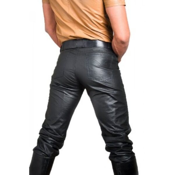 Mens Button Fly Classic Jeans Style Black Leather Pants - Mready