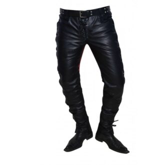 Mens Casual Custom Made Real Black and Red Leather Motorbike Pants