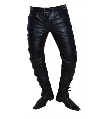 Mens Casual Custom Made Real Black and Red Leather Motorbike Pants