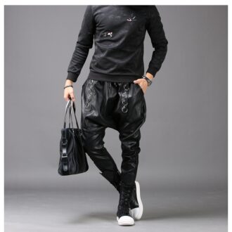 Mens Casual Fashion Slim Harem Black Leather Trousers Pants