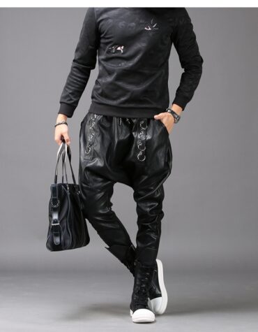 Mens Casual Fashion Slim Harem Black Leather Trousers Pants