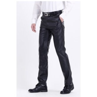 Mens Casual High Waist Real Black Leather Pants