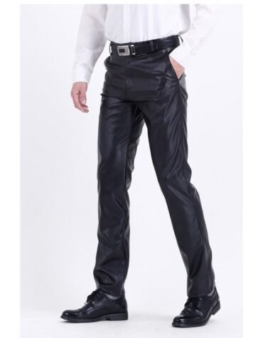 Mens Casual High Waist Real Black Leather Pants