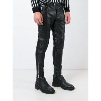 Mens Casual Real Black Leather Biker Trousers Pants