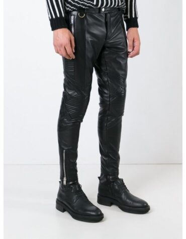 Mens Casual Real Black Leather Biker Trousers Pants