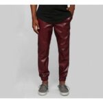 Men's Casual Street Style Motorbike Real Burgundy Leather Jogger Pants - Urban Edge