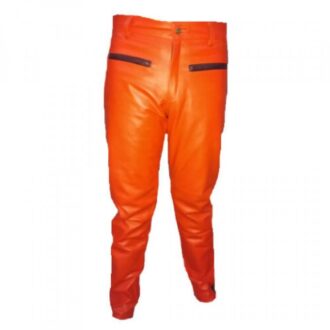 Mens Contrast Panels Real Orange Leather Bikers Leather Pants