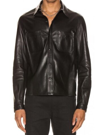 Mens Cool Style Real Sheepskin Black Leather Shirt