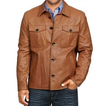 Mens Dashing Look Real Sheepskin Tan Brown Leather Shirt