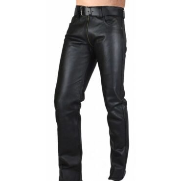 Mens Double Slider Zip Pure Black Leather Gay Pants