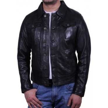 Mens Edgy Fashion Real Sheepskin Black Leather Shirt