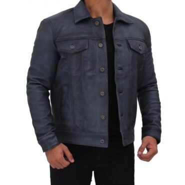 Mens Edgy Fashion Real Sheepskin Blue Leather Shirt