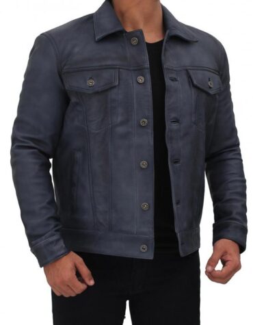 Mens Edgy Fashion Real Sheepskin Blue Leather Shirt