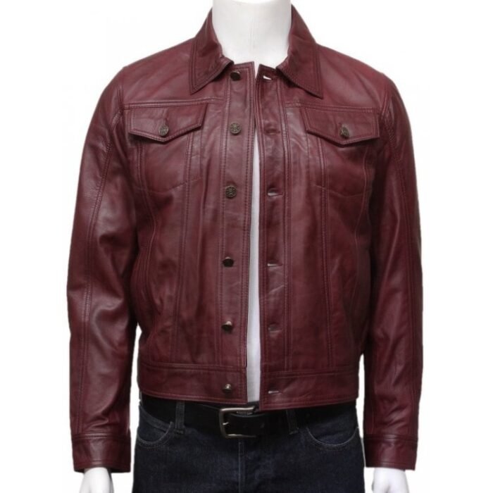 Mens Edgy Fashion Real Sheepskin Burgundy Leather Shirt