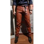 Men's Elegant Real Brown Leather Slim Trousers Pants - Refined Sophistication