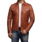 "Refined Sophistication: Men's Elegant Style Real Sheepskin Tan Brown Leather Shirt"