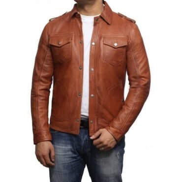 Mens Elegant Style Real Sheepskin Tan Brwon Leather Shirt