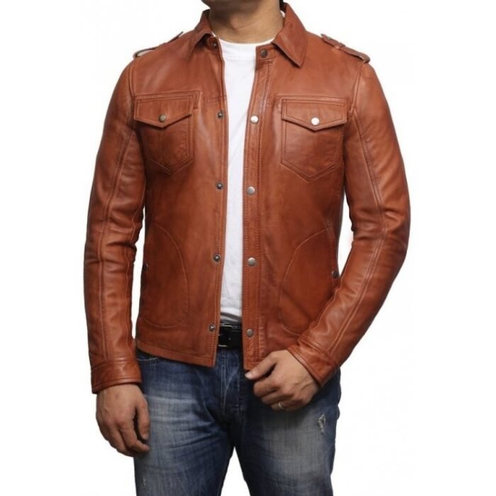 Mens Elegant Style Real Sheepskin Tan Brwon Leather Shirt