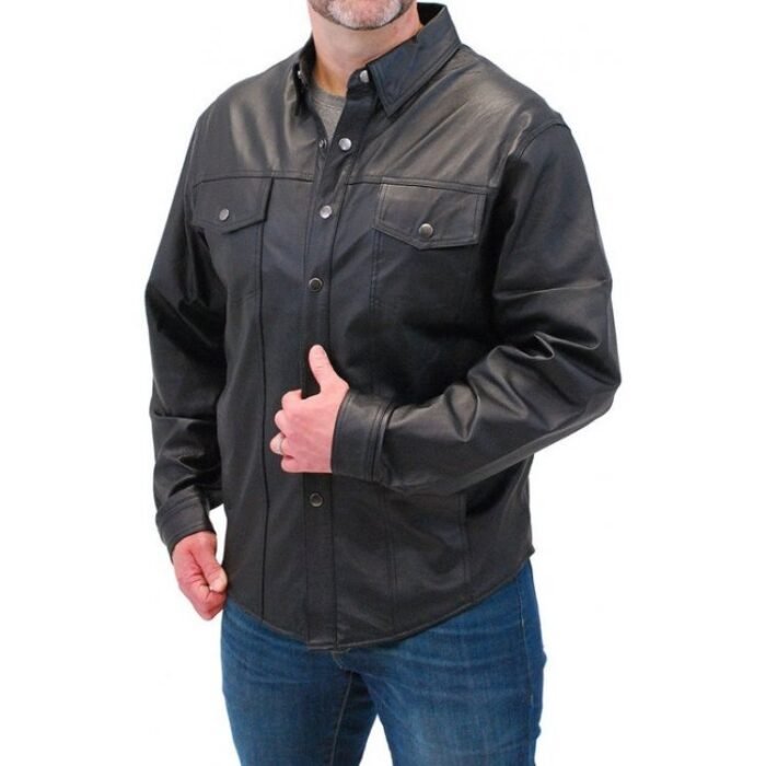 Mens Eye-Catching Real Sheepskin Black Leather Shirt