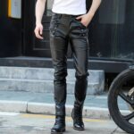 Men's Fashion Regular Fit Pure Black Leather Motorcycle Pants - Classic Style