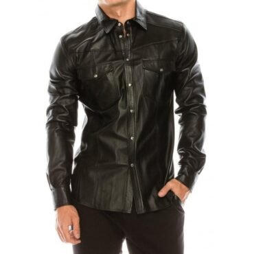 Mens Fashion Wear Real Sheepskin Black Leather Shirt