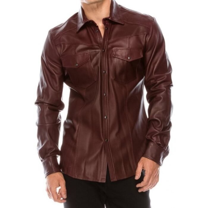 Mens Fashion Wear Real Sheepskin Burgundy Leather Shirt